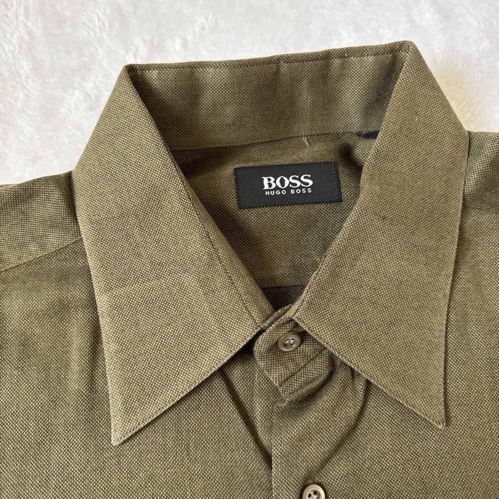 BOSS Hugo Boss Men's Hunter Green 100% Cotton Mother‎ of Pearl Button Up Large - Picture 2 of 7